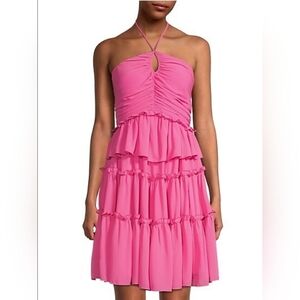 ONE33 SOCIAL Pink Fuchsia Tiered Ruffle Halter Above Knee Cocktail Dress Size 6